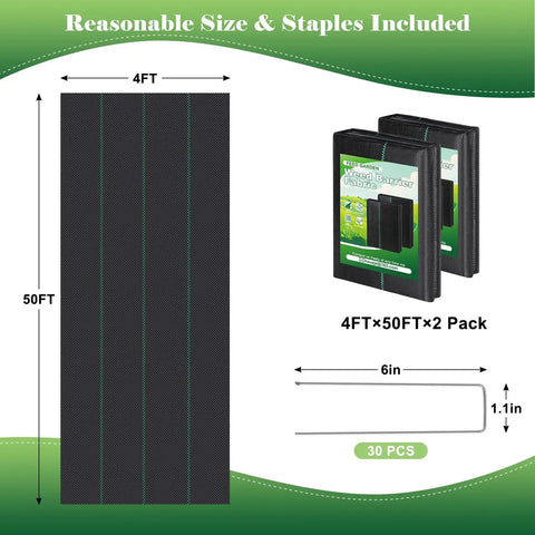 Image of Heavy Duty Landscape Fabric Ground Cover For Gardening Weed Barrier Geotextile Mat 3.2 Oz 4 By 100 Ft Roll With 30 U Shaped Stakes Two Pack 4 By 50 Ft Ideal For Gardens Paths And Raised Beds, showing two packs of fabric and dimensions.