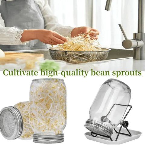 No Fuss All In One Sprouting Jar Kit With Wide Mouth Quart Mason Jars, Stainless Steel Sprout Lids, 86mm Stand and Tray