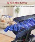Total Game Changer Cordless Stick Vacuum Cleaner Delivering Raw 55Kpa Suction And Smart Anti Tangling Brushes, showing removable battery with 70 mins runtime.
