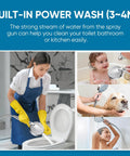 Person using a handheld sprayer for cleaning, showing versatility in washing a toilet, baby, pet, and hair with built-in power wash.