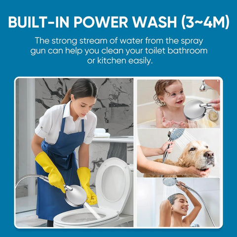 Person using a handheld sprayer for cleaning, showing versatility in washing a toilet, baby, pet, and hair with built-in power wash.