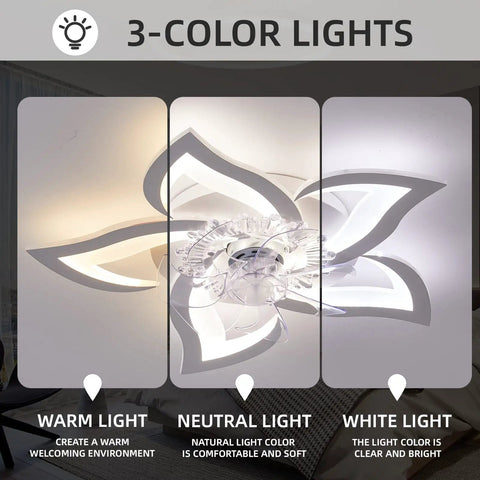 Dope Modern Ceiling Fan With Lights Remote Control showing 3 color temperatures: warm, neutral, and white light settings
