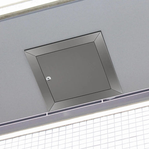 Tough As Nails 8 X 8 Inch Stainless Steel Access Panel With No Sweat Screwdriver Latch, flush mount design in ceiling.