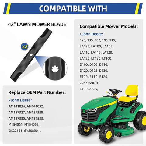 42 Inch Lawn Mower Blade Replacement For John Deere 42 Inch Decks D100 D105 D110 D125 D130 LA135 E100 E110 E120 in 2 Pack with compatible models list