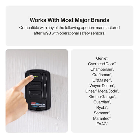 Universal Wireless Garage Door Opener Wall Console For Up To 3 Doors Works With LiftMaster Chamberlain Genie Overhead Door And More Easy Install Black mounted on wall with finger pressing button