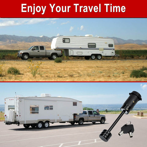 Heavy Duty Trailer Hitch Lock Pin One Quarter Inch Diameter Two And One Half Inch Long For Truck Car Boat RV Fits Class III IV Hitches Anti Theft Towing Lock With Easy Install Durable Steel Construction with RV and truck in background.