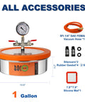 BACOENG 1-Gallon stainless steel flat vacuum chamber with orange lid, gauge, and included hose kit.