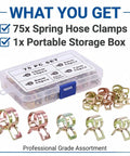 Top Shelf 75 PCS Spring Hose Clamp Assortment Kit With 5 Universal Sizes For Fuel Lines Vacuum Pipes Silicone Tubing Quick Install Galvanized Steel Fasteners Heavy Duty Auto Repair DIY Fixes, 75 pc set in storage box