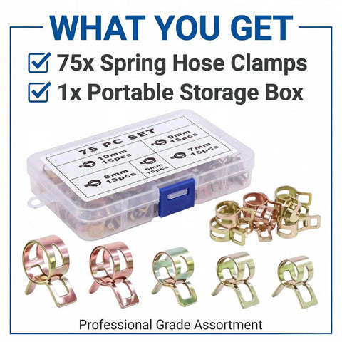 Top Shelf 75 PCS Spring Hose Clamp Assortment Kit With 5 Universal Sizes For Fuel Lines Vacuum Pipes Silicone Tubing Quick Install Galvanized Steel Fasteners Heavy Duty Auto Repair DIY Fixes, 75 pc set in storage box