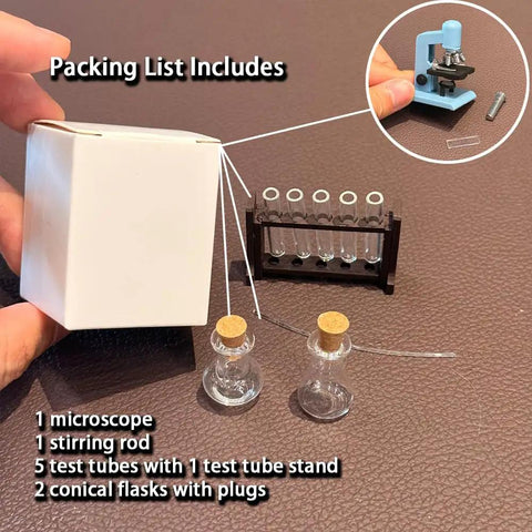 1/12 Scale Dollhouse Lab Accessories Kit With Microscope, Test Tubes And Flasks Dope Mini Science Set Made From Resin, Glass And Wood For Creative Play, Collectors, And Hobbyist Scientists. miniature lab kit with microscope, 5 test tubes, and 2 flasks