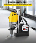 Heavy Duty 1100W Magnetic Drill Press With Six Piece Bit Set For Steel Structure Engineering Portable Electric Tapping Machine 550Rpm Max 40Mm Core Drilling Rig Bench Top Power Tool on metal surface.