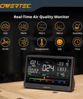 Badass 7 Inch Rechargeable Air Quality Monitor For Woodshops And Garages Monitoring Co2 Pm25 Pm10 Hcho Tvoc With Sharp Color Lcd Screen and Loud Safety Alerts showing air quality metrics.