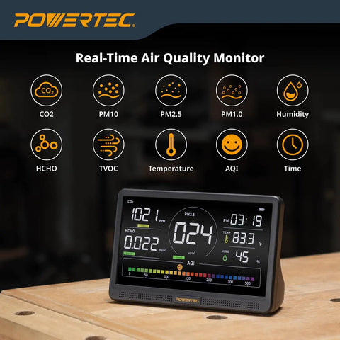 Badass 7 Inch Rechargeable Air Quality Monitor For Woodshops And Garages Monitoring Co2 Pm25 Pm10 Hcho Tvoc With Sharp Color Lcd Screen and Loud Safety Alerts showing air quality metrics.