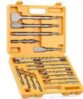 Front view of TGFTGF 17-piece SDS Plus drill bits and chisels set with carbide tips in yellow case