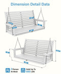 Two Seat Outdoor Porch Swing Bench With Chains All Weather Construction Real Wood Look Garden Or Courtyard Swing For Patio Supports Up To 660 Pounds 4 Feet Wide White, illustrated with dimensions.