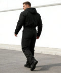 Mens Heavy Duty Canvas Work Jumpsuit With Thermal Hood And Full Zip Front Insulated Coveralls For Construction Trades, black, back view.