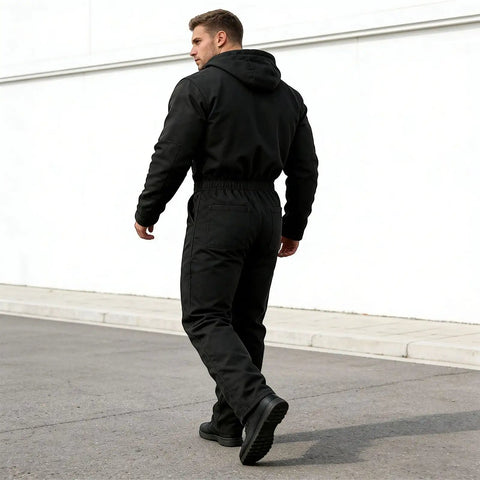 Mens Heavy Duty Canvas Work Jumpsuit With Thermal Hood And Full Zip Front Insulated Coveralls For Construction Trades, black, back view.