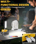 Outdoor use of 38W 3800LM LED Work Light for Dewalt 20V Battery with USB charging at a barbecue, cordless floodlight on table.