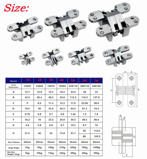 Image showing multiple sizes of 2 Pack Stainless Steel 304 Hidden Hinge With Silent Close for wooden doors, includes dimension chart.
