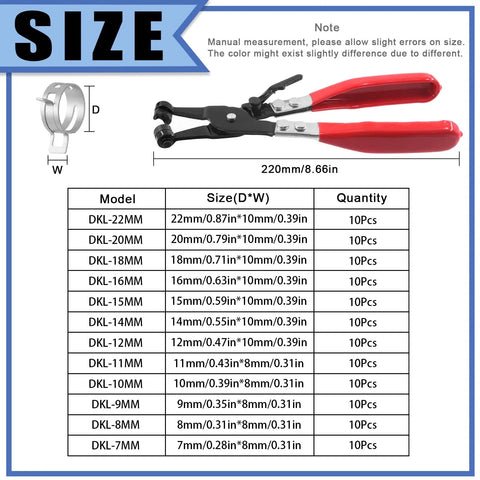 Size chart and pliers from 121Pcs 12 Sizes 7mm To 22mm Spring Band Hose Clamps Kit With Vacuum Fuel Silicone Pipe Clips