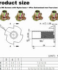 Diagram showing 4 Pcs M6 Furniture Leveling Feet with Nylon base and 4 Galvanized iron Four-claw nuts for stability.