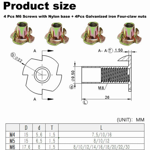 Diagram showing 4 Pcs M6 Furniture Leveling Feet with Nylon base and 4 Galvanized iron Four-claw nuts for stability.