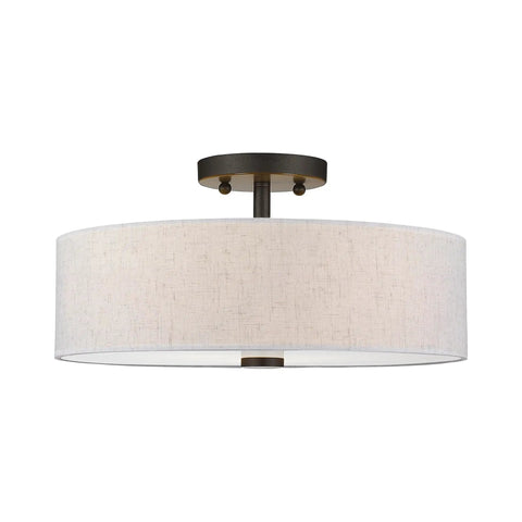 Meridian Collection 3 Light Semi Flush Mount Ceiling Fixture With Oatmeal Fabric Drum Shade And Satin White Diffuser In English Bronze Finish
