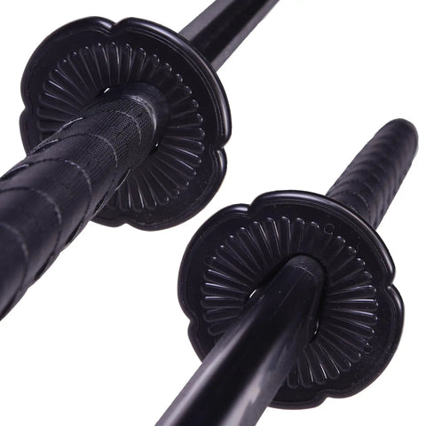 Close-up of black handle and guard on Dope Training Katana Sword For Martial Arts Practice, blunt polypropylene samurai sword