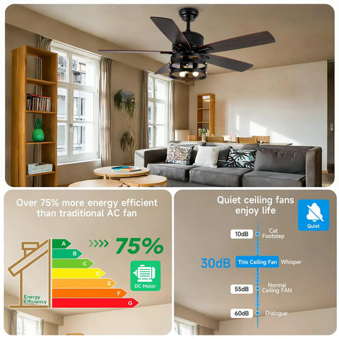 Living room with Dope Rustic Farmhouse Ceiling Fan With Lights Retractable 36 Inch Black Industrial Cage Remote Control 6 Speeds