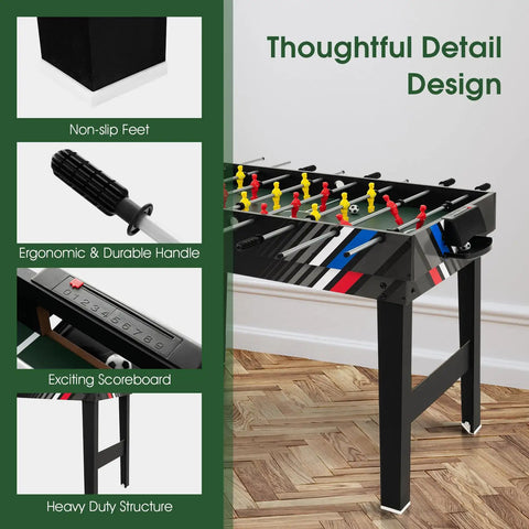 Close-up of non-slip feet and ergonomic handle on the 49 Inch 4 In 1 Combo Game Table Featuring Fast Swap Foosball Slide Hockey Ping Pong And Pool Tops.