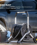 200 Foot Heavy Duty Aluminum Upright Hose Reel With Rust Proof Frame Leak Proof Brass Connections Kink Free Winding And Durable Build That Handles Up To 200 Feet Of Hose Easily next to a car, coiled hose visible.