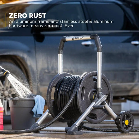 200 Foot Heavy Duty Aluminum Upright Hose Reel With Rust Proof Frame Leak Proof Brass Connections Kink Free Winding And Durable Build That Handles Up To 200 Feet Of Hose Easily next to a car, coiled hose visible.