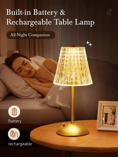 Cordless Dimmable Lamp With Touch Control And 3 Color Modes on a bedside table, woman sleeping in background