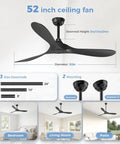 Black Ceiling Fan No Light 52 Inch For Outdoor Patios Porch Bedroom And Kitchen With Remote Noiseless 6 Speed Reversible DC Motor Quiet 3 Blades 3 Downrods And Timer Modern Sleek Design diagram