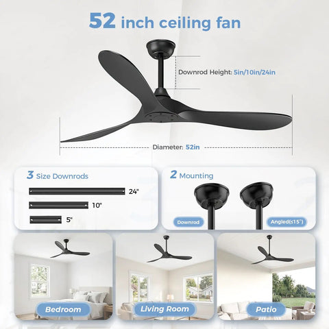 Black Ceiling Fan No Light 52 Inch For Outdoor Patios Porch Bedroom And Kitchen With Remote Noiseless 6 Speed Reversible DC Motor Quiet 3 Blades 3 Downrods And Timer Modern Sleek Design diagram