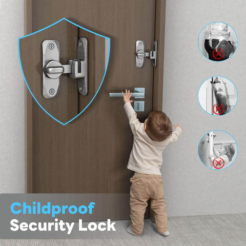 Child trying to reach 90 And 180 Degree Barn Door Lock Built Tough Sliding Gate Latch for Privacy on wooden door with childproof security features.