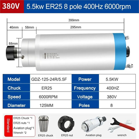 No Nonsense Heavy Duty Cnc Milling Machine Spindle Motor 5.5Kw 380V Water Cooled Rig With Er25 Er32 Mounts For Precision Metal Engraving Delivering Rock Solid 6000 Rpm Output Daily, showing specifications chart.