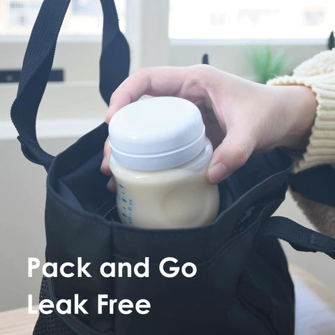 Leak Proof Travel Bottle Cap Set For Avent Bottles Six Pack With Silicone Sealing Ring being placed in bag