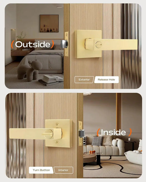 Keyless Privacy Door Knob In Brushed Gold, Heavy Duty Interior Door Lock For Bedroom And Bathroom, Thumb Turn Lock With Emergency Release, Zinc Alloy, Rust Proof, No Key Needed shown from both sides on a door