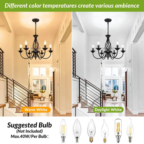 Six Light Farmhouse Candle Chandelier For Living Room And Kitchen showing warm white and daylight white settings in hallway