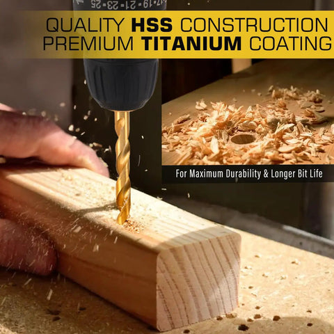 Heavy Duty Titanium Twist Drill Bit Set 230 Pcs For Metal And Wood drilling into wood block showing premium titanium coating