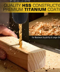 230-Piece Titanium Twist Drill Bit Set for Metal and Wood, Coated HSS 118-Degree Tip, drilling into wood with shavings