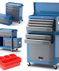 8 Drawer Rolling Tool Chest 42 Inch Heavy Duty Metal Cabinet On Wheels With Detachable Top Box Garage Workshop Storage For Repair Room And Warehouse Includes Hooks Liners Tray Divider And 550 Lb Load Capacity, blue steel