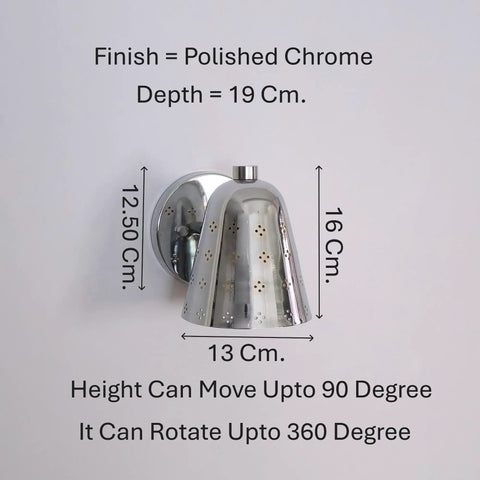 Silver Brass Wall Sconce, Mid Century Cone Lamp, Perforated Spotlight, polished chrome finish, adjustable height and rotation.
