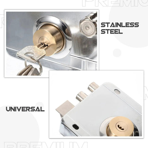 Heavy Duty Stainless Steel Front Door Safety Lock Set Featuring A Beefy Crescent Deadbolt For Foolproof Installation, showcasing the keyhole.