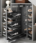 Slick Pull Out Shoe Rack For Mounted Closet With 17 Tier Adjustable Metal Shelves That Expand 33.5 Inches Deep, showcasing organized footwear.