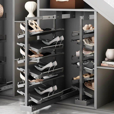 Slick Pull Out Shoe Rack For Mounted Closet With 17 Tier Adjustable Metal Shelves That Expand 33.5 Inches Deep, showcasing organized footwear.