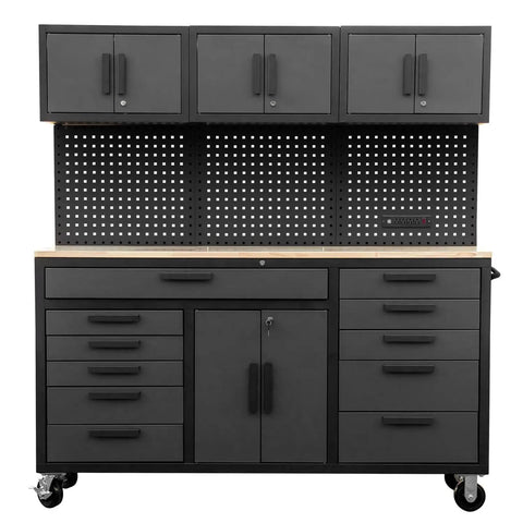 72 Inch Rolling Tool Chest On Wheels With 11 Drawers, Pegboard, Three Upper Cabinets, A Two Door Cabinet, And Built In Power Strip