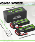 Package contents of 2S 5200mAh 7.4V LiPo Battery Pack with Dean Style T Connector for RC vehicles, includes batteries, manual, and stickers.