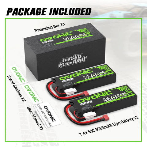 Package contents of 2S 5200mAh 7.4V LiPo Battery Pack with Dean Style T Connector for RC vehicles, includes batteries, manual, and stickers.